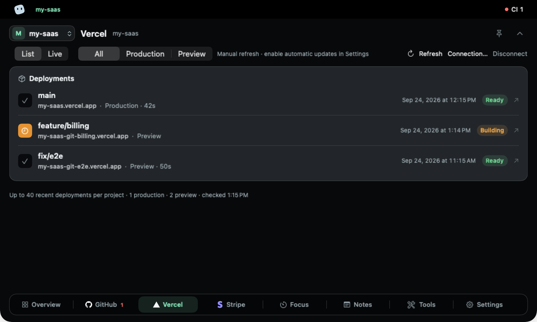 Vercel tab: a ready production deployment of main and a preview of feature/billing that is building.