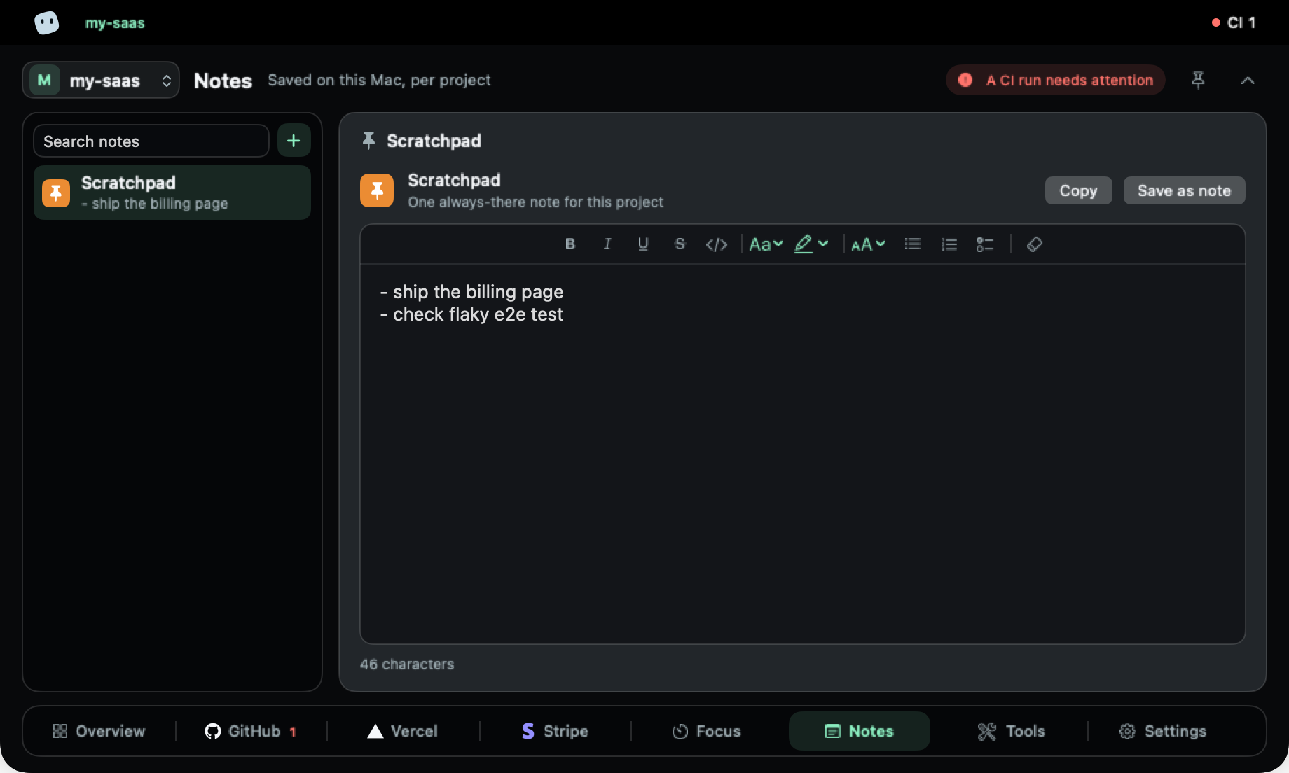 Notes tab with a pinned scratchpad and formatted notes.