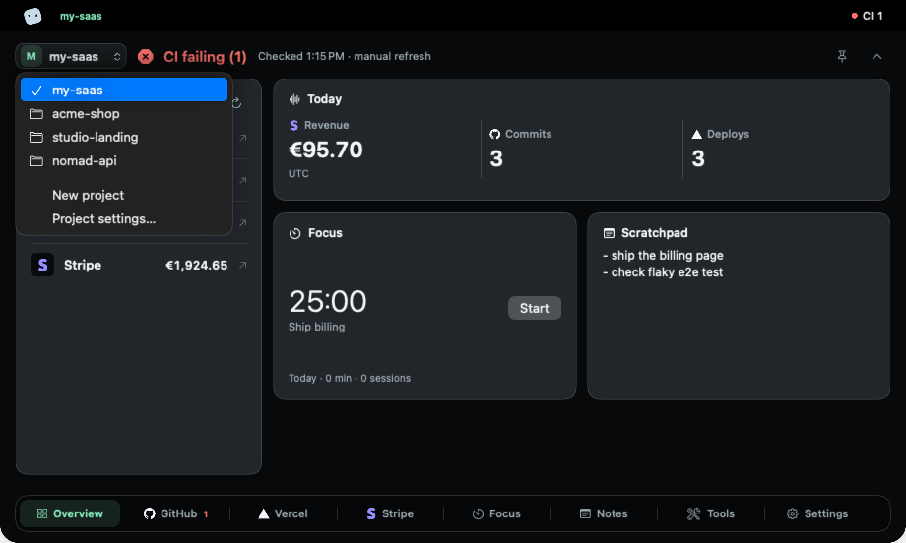 The project menu open, listing my-saas, acme-shop, studio-landing and nomad-api, with New project and Project settings.