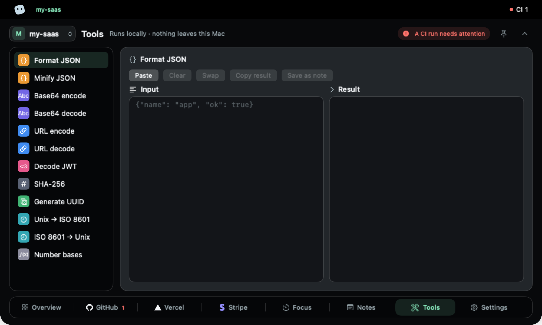 Tools tab: twelve developer tools with Format JSON open.